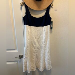 Ralph Lauren linen dress size 6, navy blue top white bottom silk, climbing, NWT